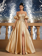 Champagne Satin Puff Sleeve Ball Gown Dresses For Women, Romantic Princess Bridesmaid Dress